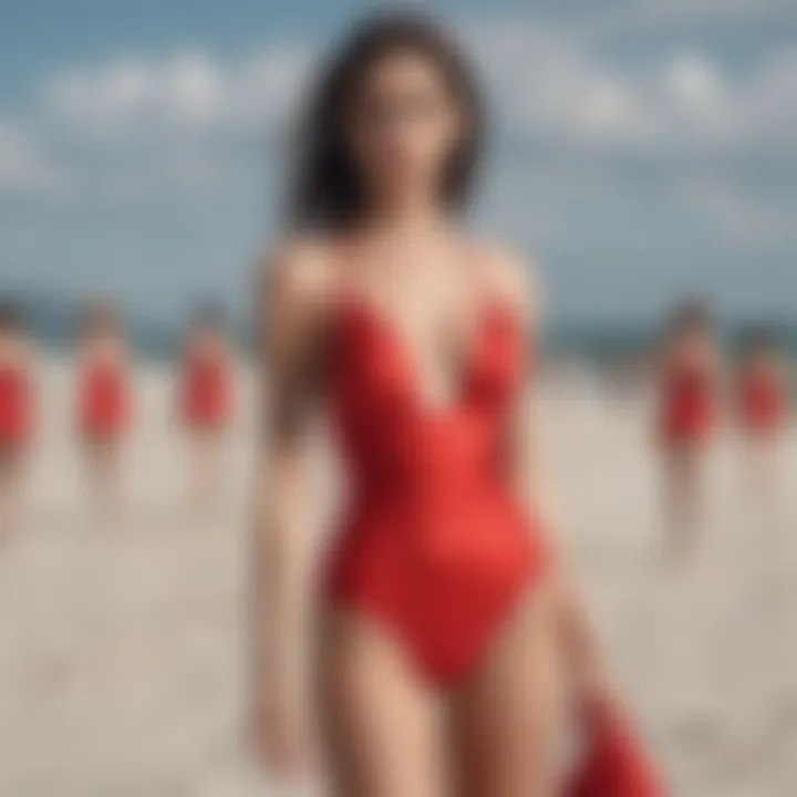 A contemporary fashion shoot featuring models in stylish red swimsuits on the beach