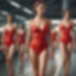 A vintage illustration of ladies in red swimsuits from the early 20th century