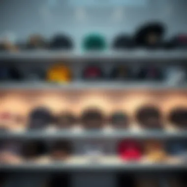 Artfully arranged baseball caps on a sleek shelf