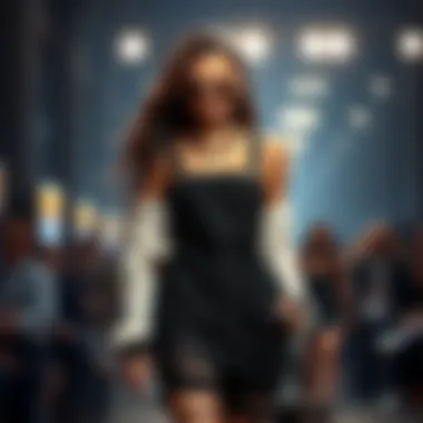 Fashionable ensemble featuring black ripped overalls paired with trendy accessories