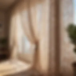 Elegant bohemian lace curtain draping in a sunlit room.
