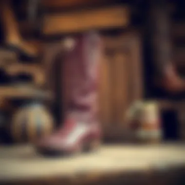 Embodying Tradition: Burgundy Boots in Rustic Decor Burgundy cowgirl boots in a rustic setting