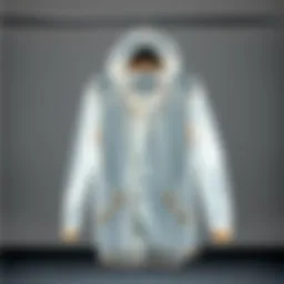 A stylish clear raincoat displayed on a hanger against a minimalist backdrop.