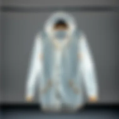 A stylish clear raincoat displayed on a hanger against a minimalist backdrop.