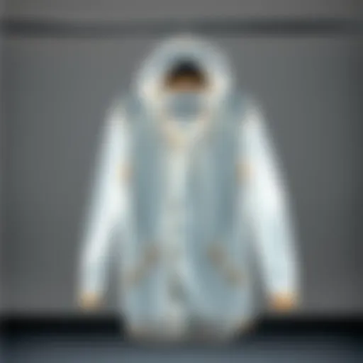 A stylish clear raincoat displayed on a hanger against a minimalist backdrop.