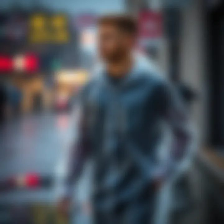 An outdoor scene with a clear raincoat being worn in a stylish manner during a drizzle.