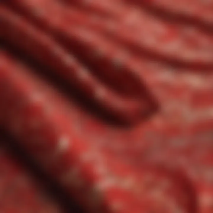 Close-up of fabric texture highlighting the richness of red prints