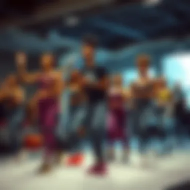 A group of diverse individuals exercising in coordinated printed outfits