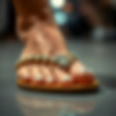 Close-up of intricate crystal detailing on sandals