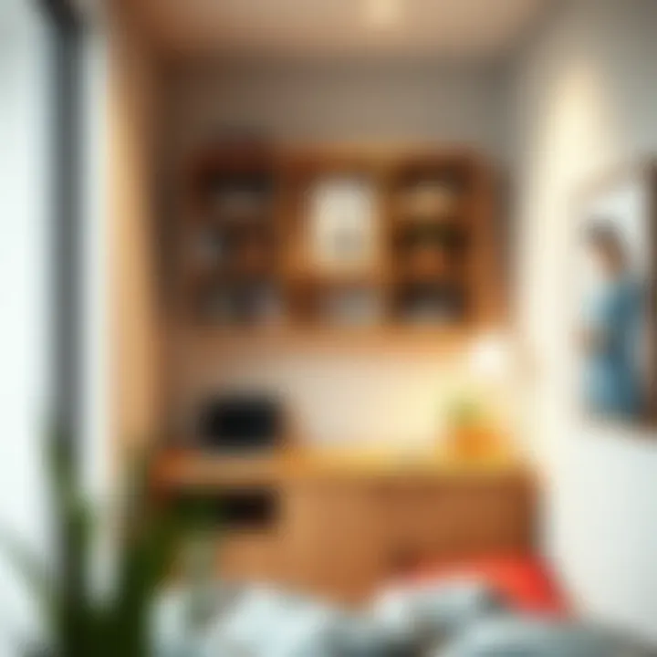 Creative wall shelf arrangement in a small dorm space