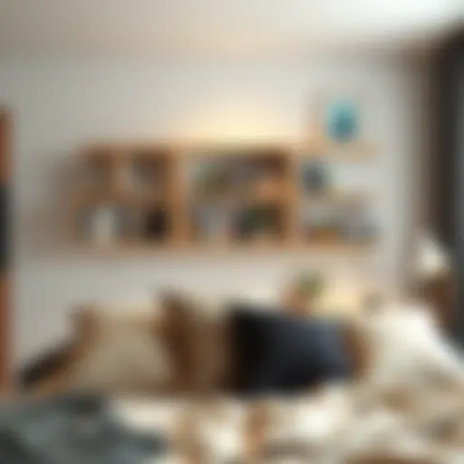 Modern wall shelf in a dorm room showcasing books and decor