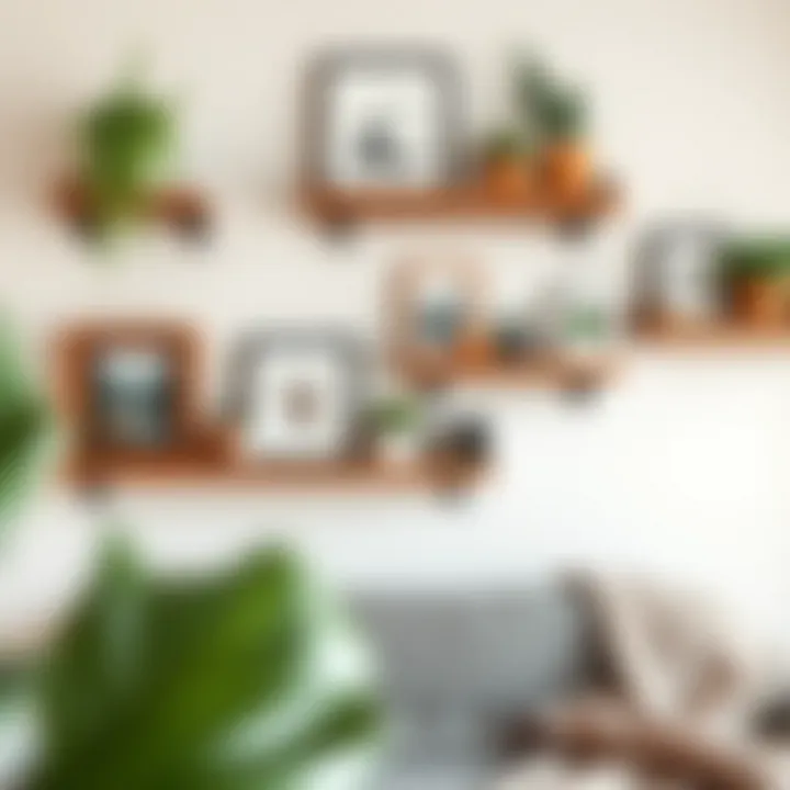 Stylish wall shelves made of wood with plants and art