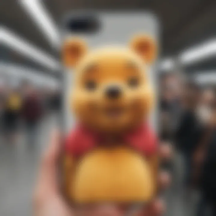 Lifestyle shot of the Pooh Bear phone case in use, demonstrating its functionality.