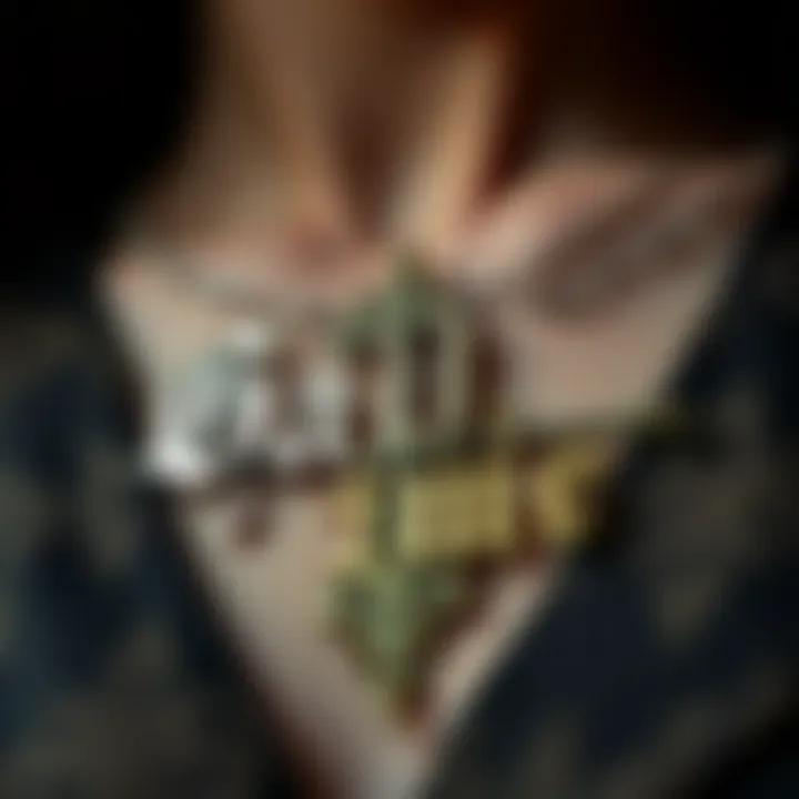 Dramatic close-up of a gothic font necklace highlighting intricate lettering