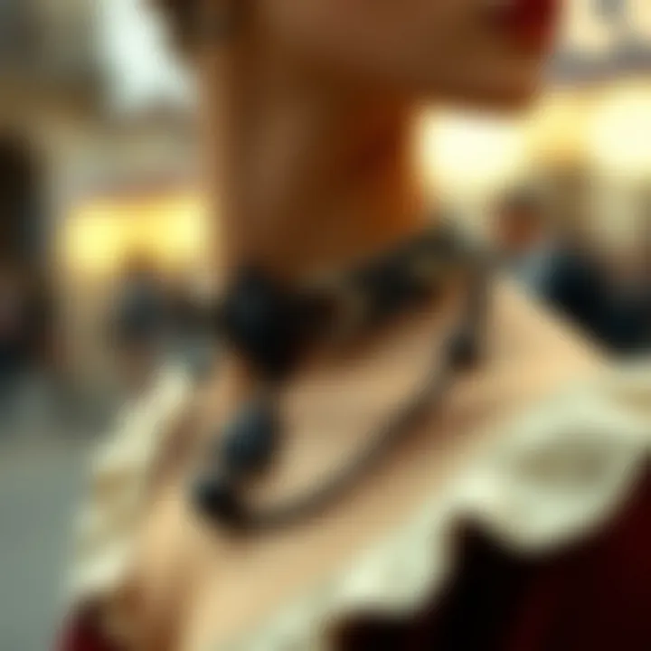 Side view of a gothic font necklace worn with a vintage outfit