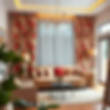 Stylish living room featuring multi-colored floral curtains