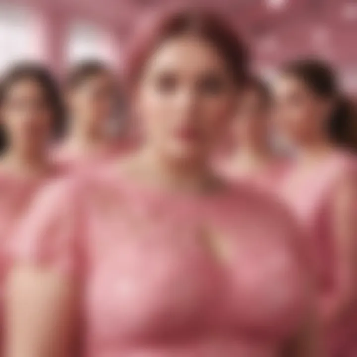 A vibrant setting showcasing a group of plus size individuals confidently wearing pink lace tops