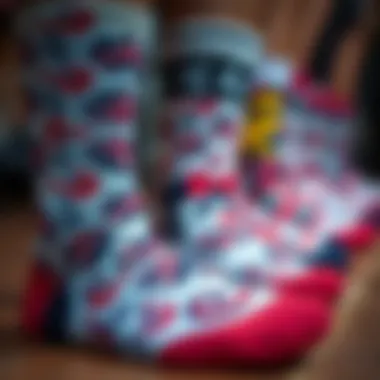 A close-up of intricate patterns on anime crew socks