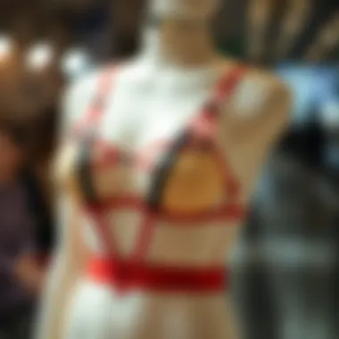 Artistic representation of a body harness bra on a mannequin