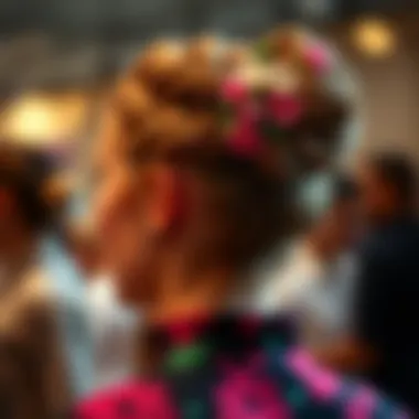 Braided bun hairstyle with floral accents