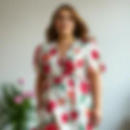 Elegant plus-size dress with floral patterns.