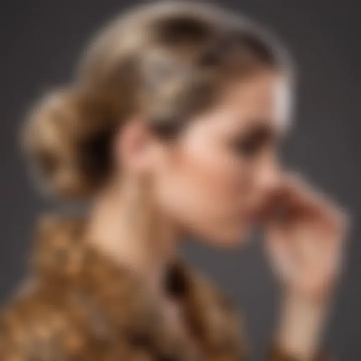 Close-up of a woman styling her hair with a cheetah print clip