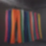 Vibrant collection of colorful flare pants displayed on hangers