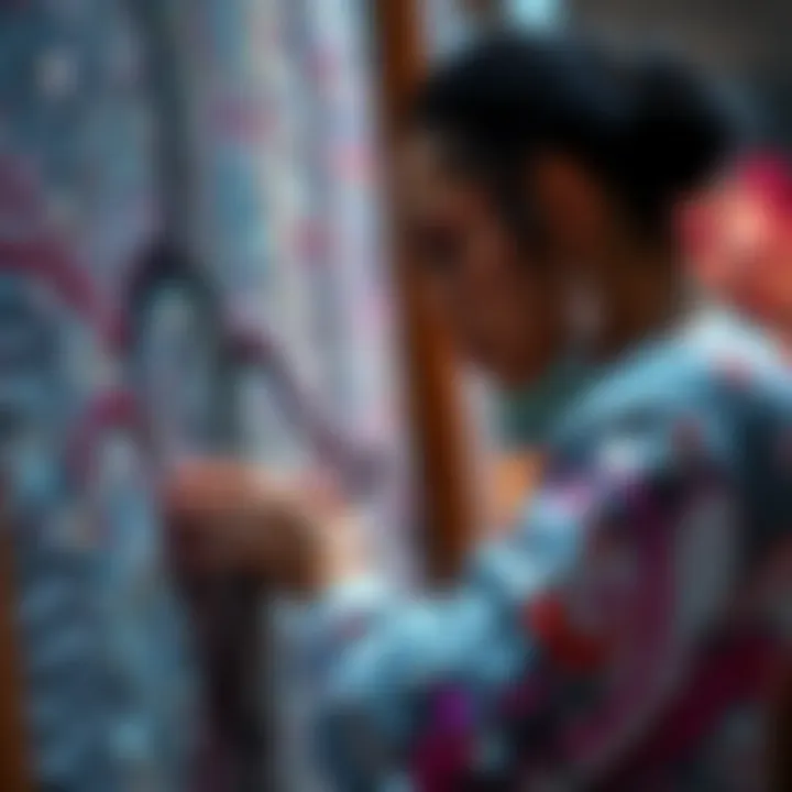 An artist meticulously applying rhinestones onto a canvas, highlighting the creative process.