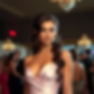 A model showcasing a boat neck evening gown at a gala event