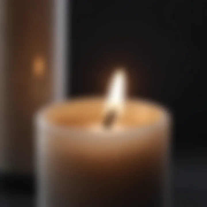 Close-up view of a flameless candle with a black wick, showcasing its unique design and texture