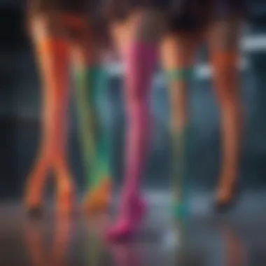 A vibrant display of various fluorescent fishnet stocking colors arranged artistically