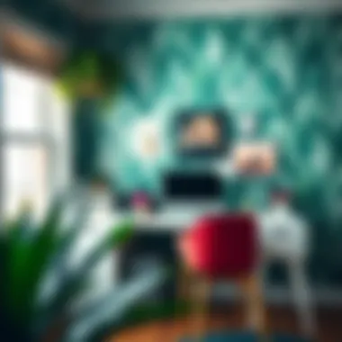 Stylish Workspace with Glossy Wallpaper Stylish workspace adorned with glossy peel and stick wallpaper