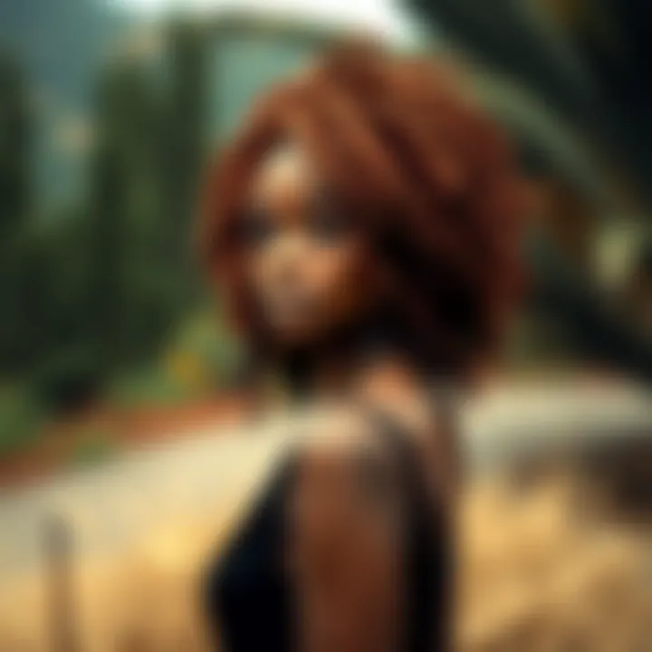 An elegant woman wearing a goddess locs wig in a natural outdoor setting