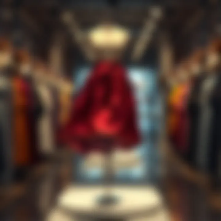 A vibrant Gryffindor skirt displayed elegantly on a mannequin, showcasing its flowing fabric and rich colors.