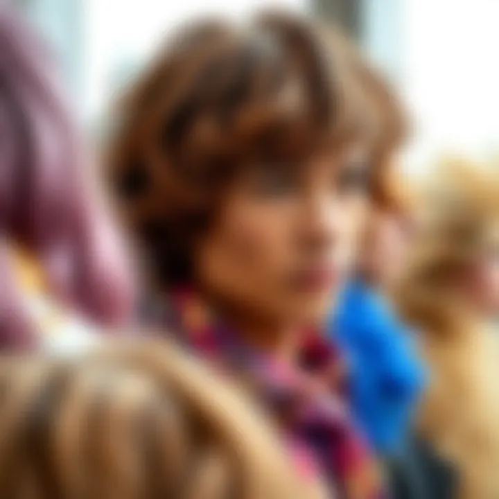 Close-up of diverse textures and colors of wigs reminiscent of the 70s