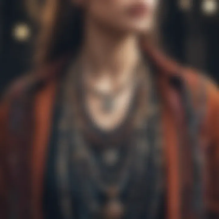 A person wearing a layered bohemian necklace ensemble