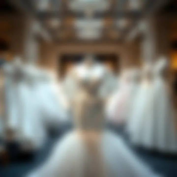 Diverse styles of plus size white ball gowns displayed on mannequins