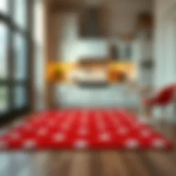 Elegant red and white polka dot kitchen rug on a wooden floor