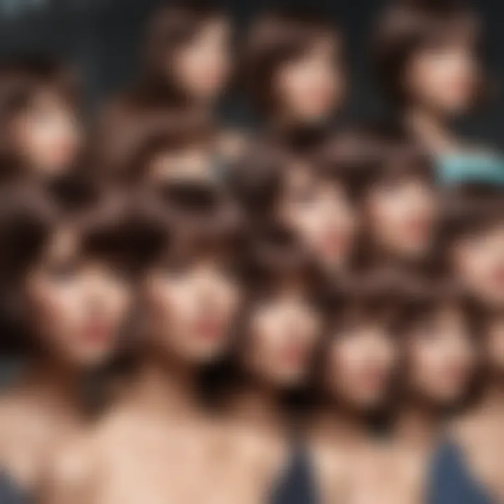 A collection of short dark brown wigs displayed for selection