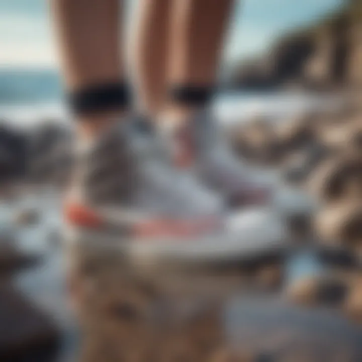 Stylish sneaker water shoes on a rocky beach