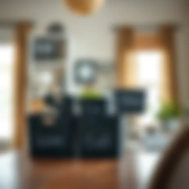 Decorative arrangement of storage bins in a contemporary home office
