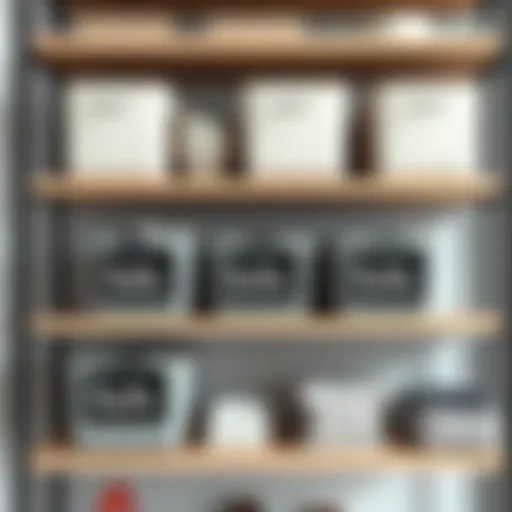 Stylish storage bins with chalkboard labels on a modern shelf