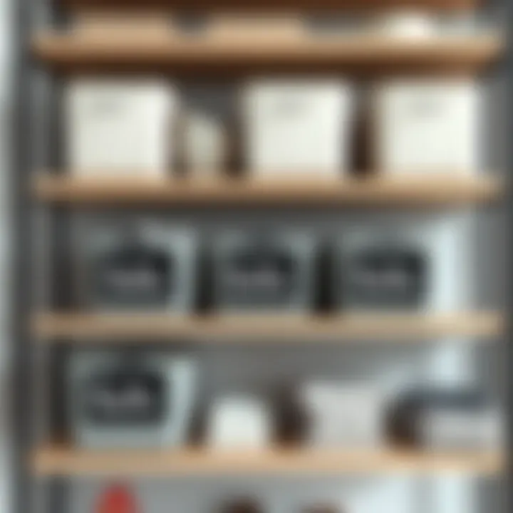 Stylish storage bins with chalkboard labels on a modern shelf