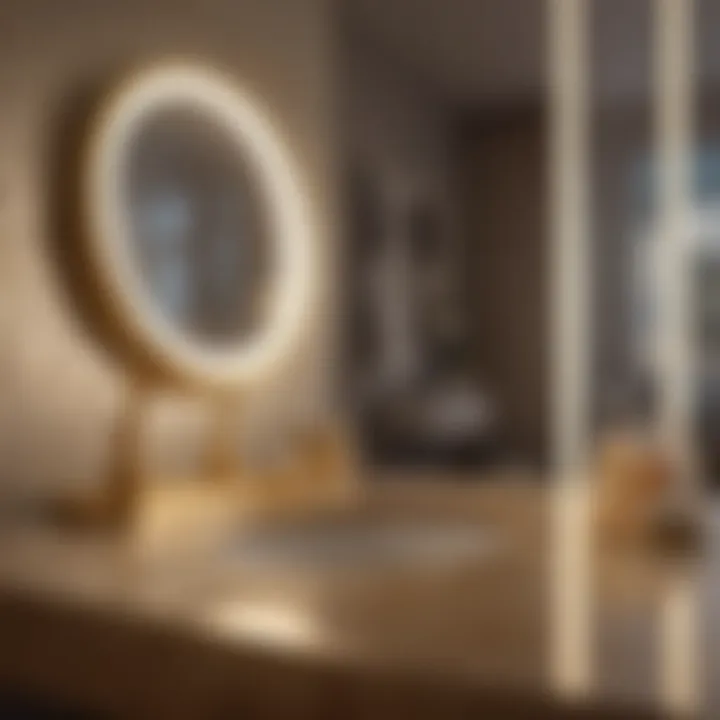 Elegant gold light up vanity mirror reflecting a stylish bathroom