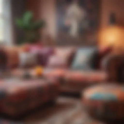 Artistic arrangement of boho couch cushions in a living room setting