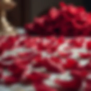 Red fake rose petals scattered on a decorative surface