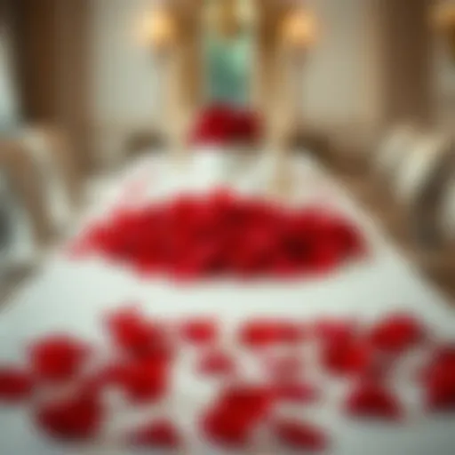 Elegant arrangement of red fake rose petals on a dining table