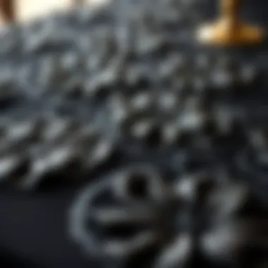 Close-up of intricate rosette patterns on a black tablecloth