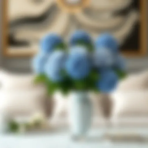 Stunning arrangement of artificial hydrangea blue flowers in a chic vase