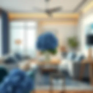 Living room styled with artificial hydrangea blue decor elements